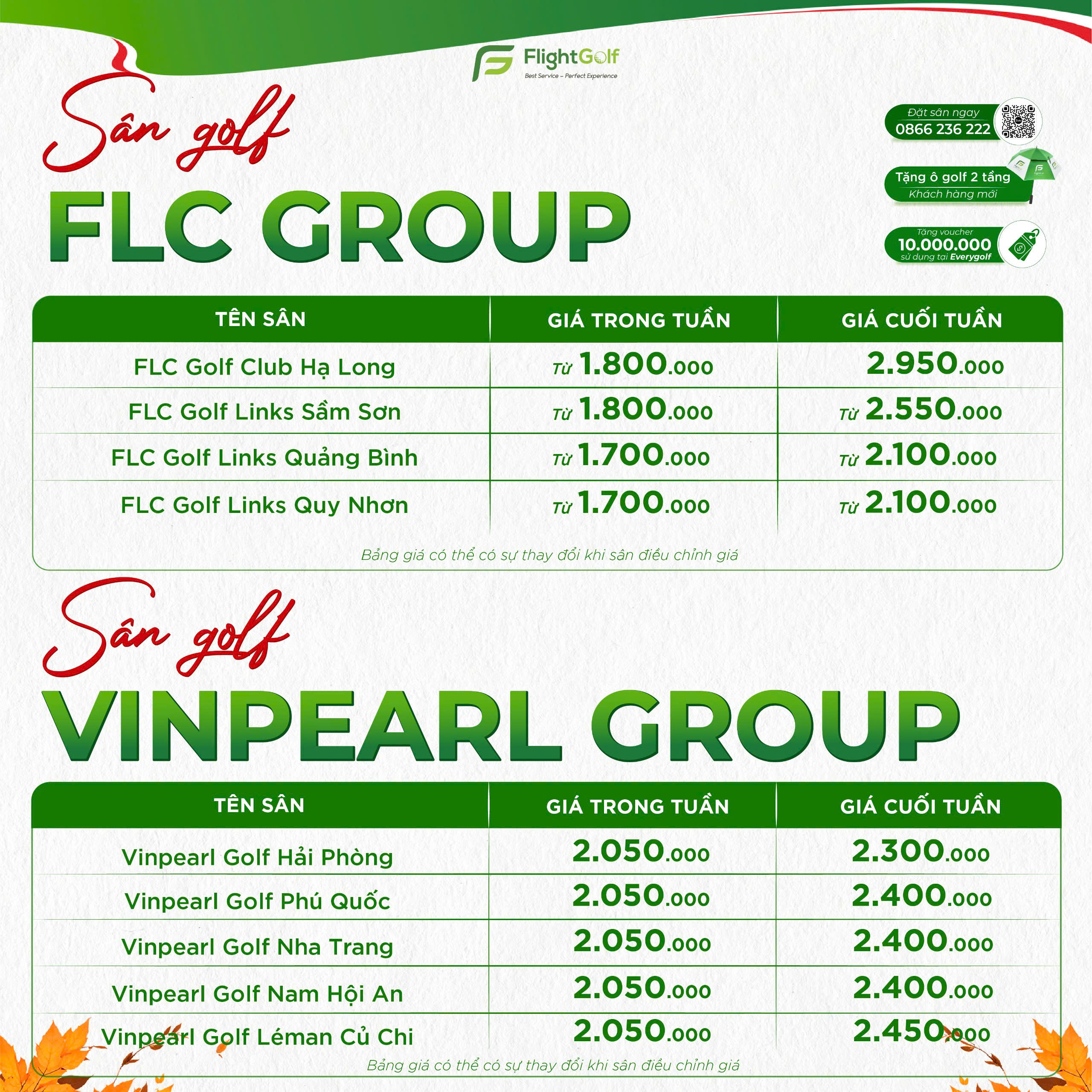 Ngoài các ưu đãi riêng lẻ từ các sân, FlightGolf còn mang đến những gói khuyến mãi golf cực kỳ hấp dẫn từ các tập đoàn lớn sở hữu chuỗi sân golf nghỉ dưỡng trải dài khắp Việt Nam. Các ưu đãi giá sân golf tháng 10 từ FLC và Vinpearl Group đặc biệt phù hợp cho những golfer muốn kết hợp đặt sân golf với du lịch golf nghỉ dưỡng chất lượng cao.