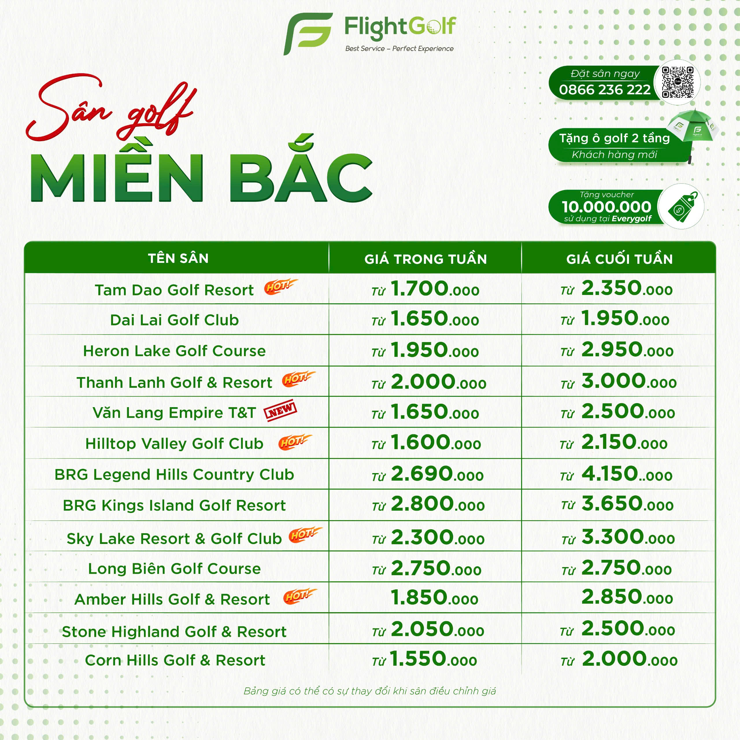 bảng giá ưu đãi sân golf tháng 11

