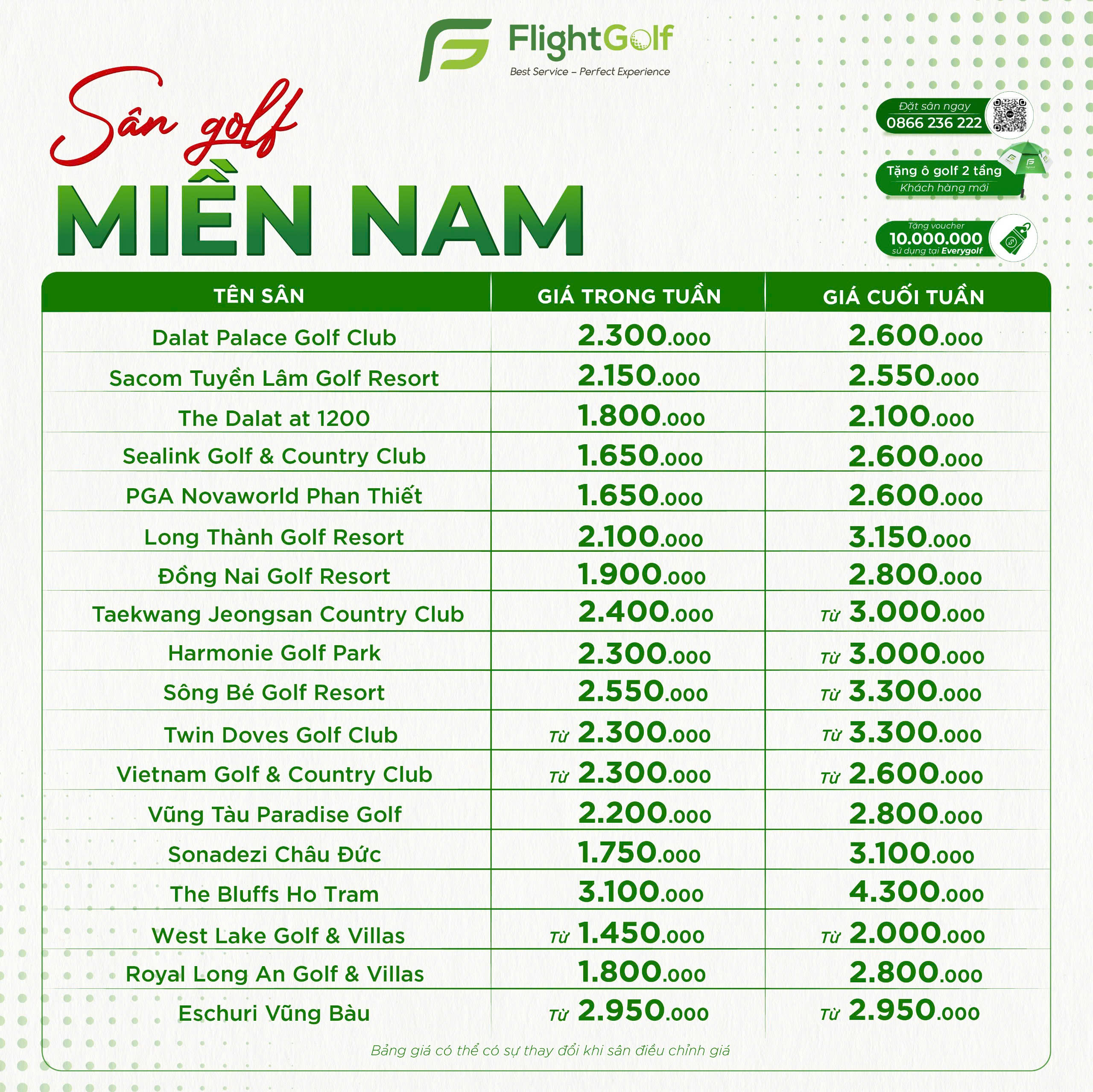 bảng giá ưu đãi sân golf tháng 11

